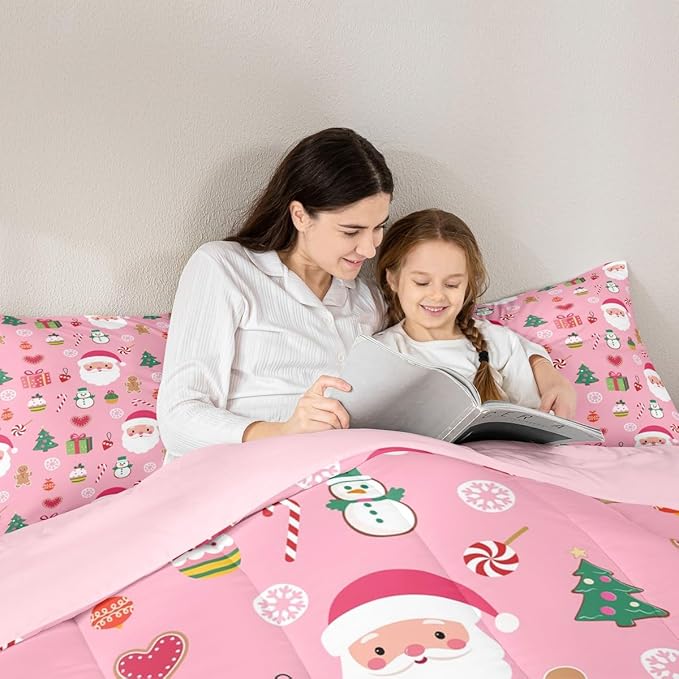 Feelyou Santa Claus Kids Comforter Set Queen Size Christmas Decor Bedding Set New Year Gift Duvet Quilt for Kids Boys Girls Bedroom Merry Christmas Decor Microfiber Ultra Soft Breathable