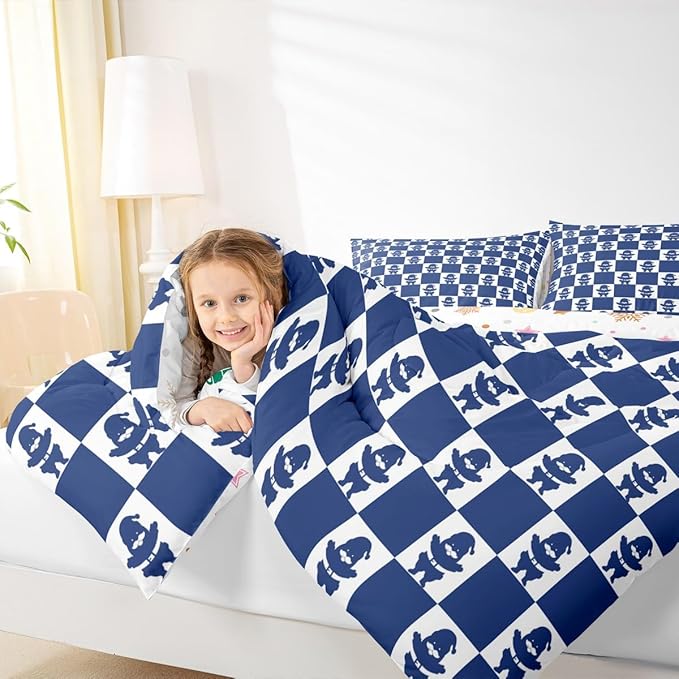 Feelyou Christmas Comforter Set Twin Size Checkered Bedding Set for Kids Boys Girls Santa Claus Duvet Quilt Xmas Decorations Bedroom Decor Blue Microfiber 2 Pcs with 1 Pillow Cases