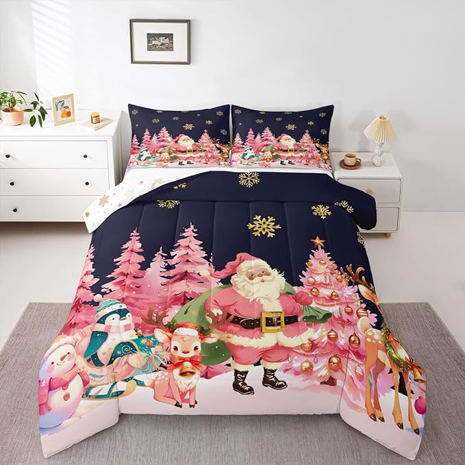jejeloiu Merry Christmas Comforter Set Queen Size Santa Claus Bedding Set for Kids Boys Girls Cute Deer Duvet Quilt Dark Blue Bedroom Decor