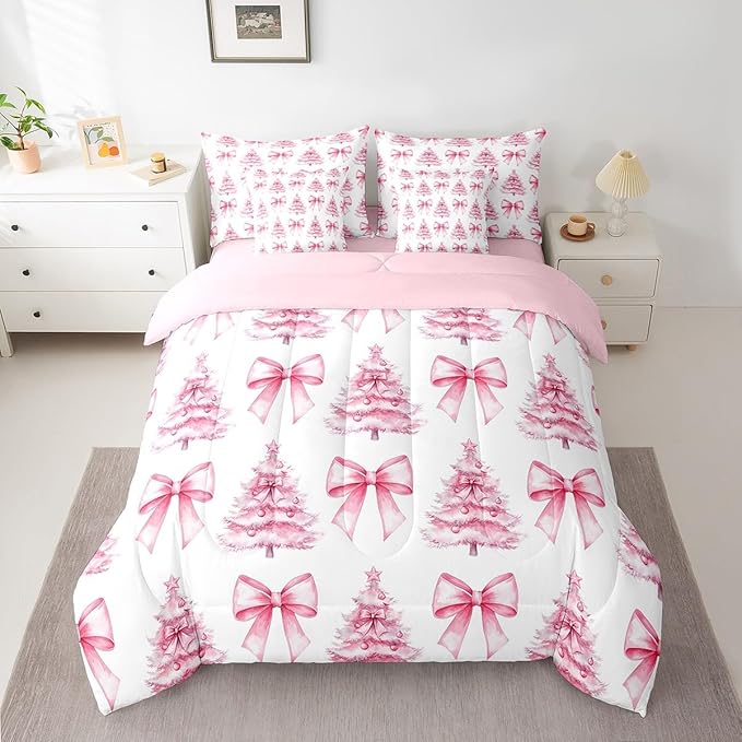 Manfei 7 Pieces Pink Bowknot Kids Comforter King,Christmas Trees Pine Bow Tie Toddler Bedding Set,Merry Christmas Happy New Year Xmas（Comforter+Fitted+Flat Sheet+2 Pillowcases+2 Throw Pillow Covers）