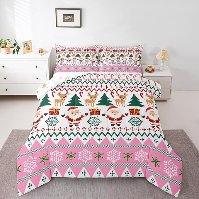Feelyou Merry Christmas Comforter Set All Season Santa Claus Bedding Set with 2 Pillow Cases Cute Deer Microfiber Kids Queen Bedclothes Snowflake Bedroom Decor Duvet Quilt Breathable Soft