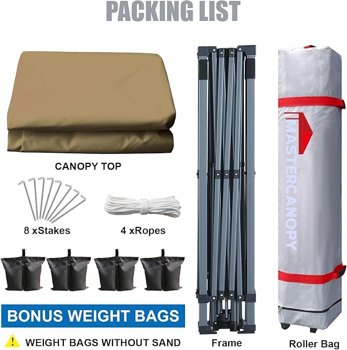 MASTERCANOPY Durable Pop-up Canopy Tent with Roller Bag (12x12, Khaki)