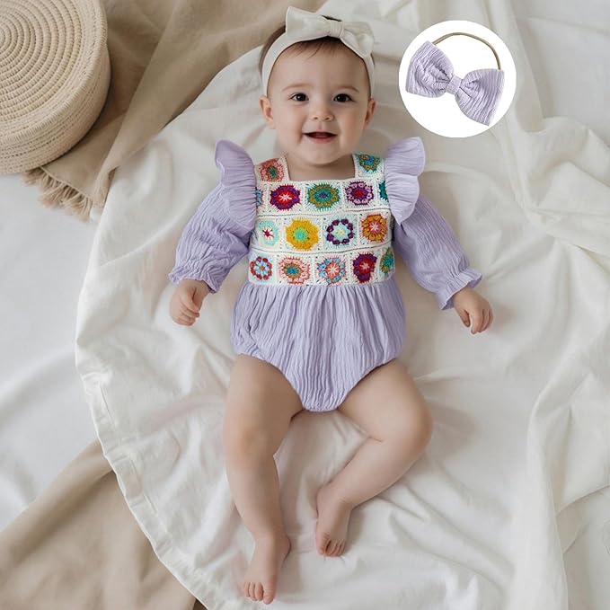 Gaono Newborn Baby Girl Smocked Bubble Romper Cute Boho Summer Clothes Ruffle Sleeveless Crochet Flower Vintage Bodysuit