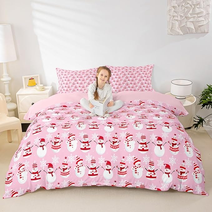 Christmas Bedding Duvet Cover Set Kids Cartoon Christmas Snowman Bedding Set Boys Girls Decor Snowflake Comforter Cover Set Microfiber Pink Xmas Theme Bedspread Cover Bedroom Bedclothes Queen Size