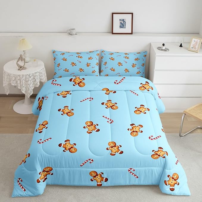 jejeloiu Kids Cute Gingerbread Man Comforter Set Twin Size Christmas Theme Bedding Set for Boys Girls Teens Xmas Candy Cane Happy New Year Duvet Quilt Room Decor