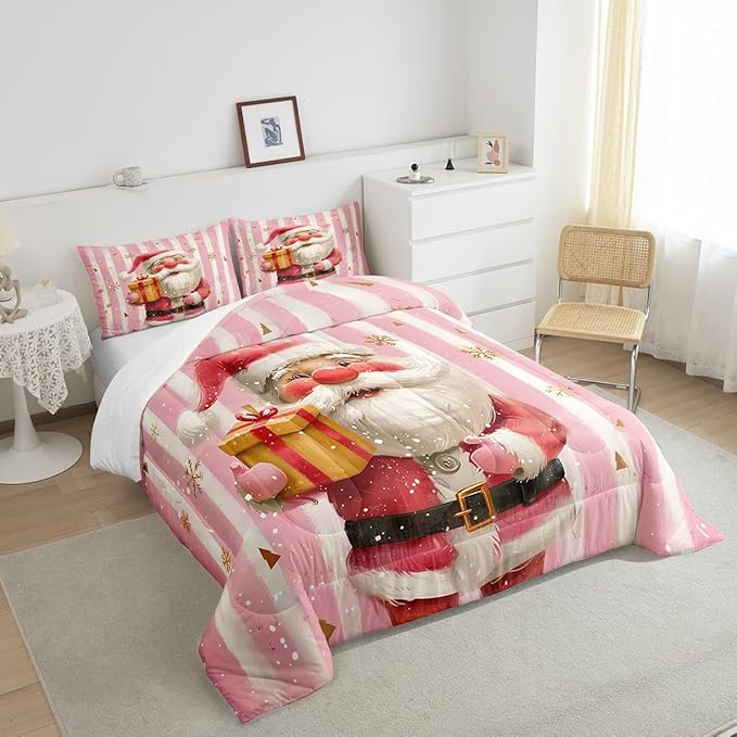 Cartoon Santa Claus Bedding Set Full Size,Merry Christmas Snowflake Comforter Set for Kids Boys Girls Room Decor,Red Pink Stripes Duvet Insert 3Pcs,Xmas Theme Microfiber Quilt Set,2 Pillowcases