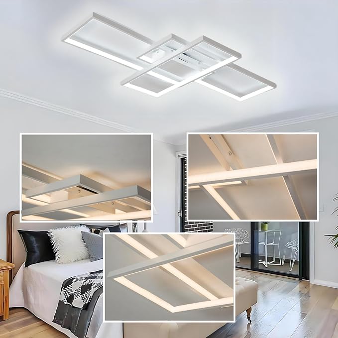 Modern Dimmable LED Ceiling Light Fixture,with Remote Control 3 Color Selectable Flush Mount Ceiling Lamp Ceiling Lights for Sitting Room Kitchen Bedroom(White, 43.3 * 23.6 * 2.5 in)