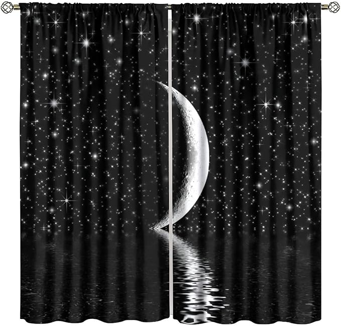 Night Starry Sky Curtain, Black Moon Phase Cloud Stars White New Moon Sparkly Shiny Galaxy Space Lake Fantasy Window Curtains for Kids Boys Girls Room Bedroom Living Room 42" W X 63" L