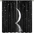 Night Starry Sky Curtain, Black Moon Phase Cloud Stars White New Moon Sparkly Shiny Galaxy Space Lake Fantasy Window Curtains for Kids Boys Girls Room Bedroom Living Room 42" W X 63" L
