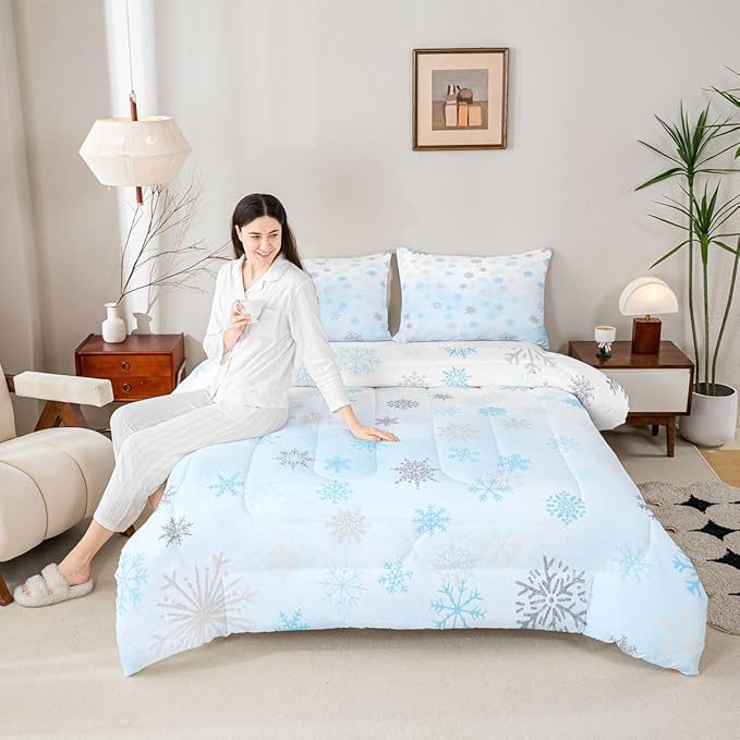 Feelyou Glitter Snowflake Comforter Set King Size, Blue Snowflake Comforter Kids Toddler Ombre Bedding Set Winter Theme Duvet Set Microfiber Bed Set
