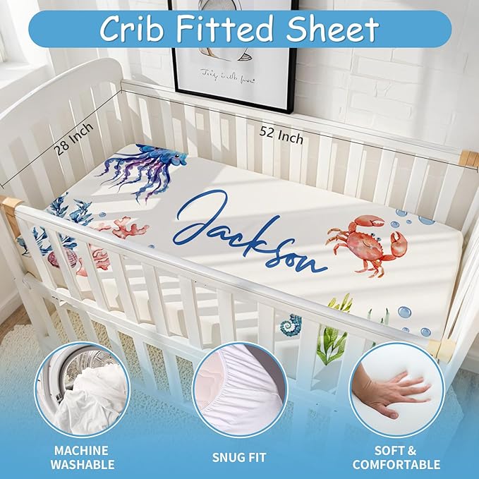 Custom Baby Crib Bedding Set, 5 Pcs Personalized Baby Crib Set with Name, Ocean Animals Design Nursery Bedding Sets, Toddler Bedding Set, Newborn Infant New Parents Customized Gift