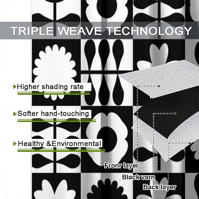 Mid Century Geometric Floral Curtains,Vintage 70s Window Treatments for Boys Girls Kids Bedroom Curtains,Boho Black and White Floral Curtains 55"" W X 63"" L, Style-10