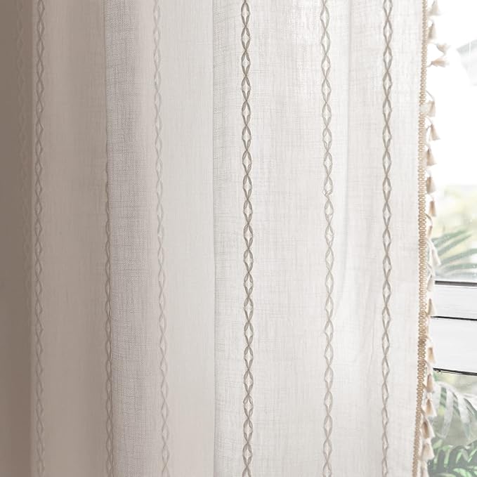 Deeprove White Boho Curtains 108 Inches Long for Bedroom Balcony Courtyard Hall Decor, Bohemian Embroidery Cream Cotton Linen French Country Window Treatment Tassel Drape, W52 x L108, 1 Panel