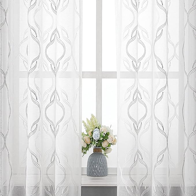 VISIONTEX Sheer Curtains 63 Inches Long 2 Panels Set, Grey and Ivory Moroccan Embroidery Texture Geometric Rod Pocket White Voile Tulle Semi Window Treatment Pair for Bedroom, W54 x L63