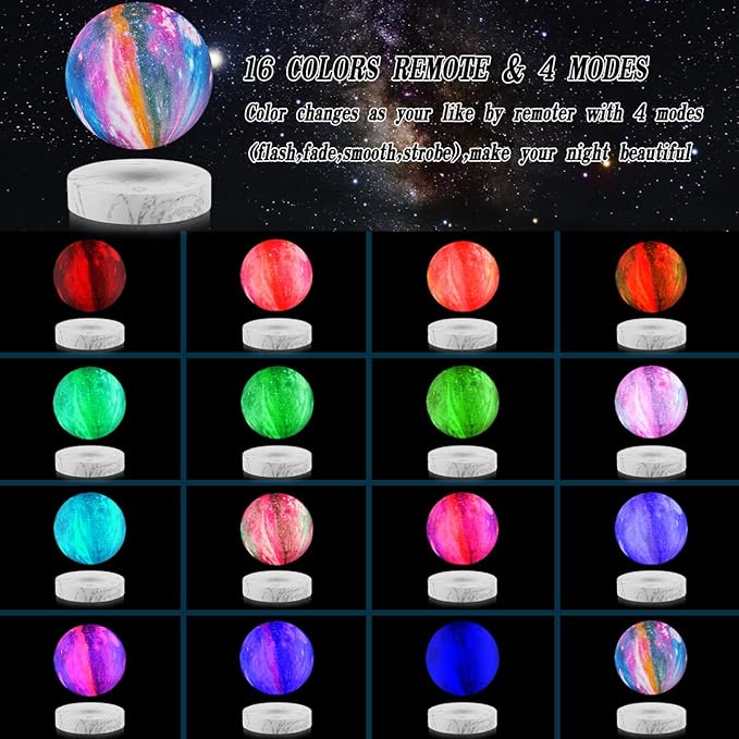 VGAzer Levitating Moon Lamp,Floating and Spinning in Air Freely with 3D Printing LED Moon Light Has 16 Colors 20 Modes for Unique Christmas Gifts,Room Decor (Marble Base 16 Colors Galaxy Moon)