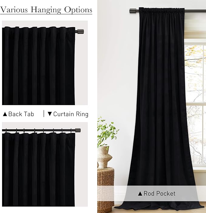 StangH Blackout Curtains Velvet Black 84 inches Long for Bedroom, Thick Back Tab Thermal Insulated Window Drapes for Living Room Sliding Door/Office/Theater, W52 x L84, 2 Panels