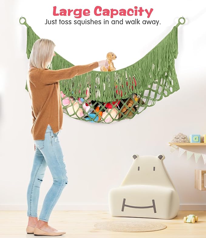 Stuffed Animal Hammock - Extra Large 56'' Long, Stuffed Animal Storage, stuffed animal Holder net, Toy Hammock Large, Toy Storage Hanging Organizer - Avocado green