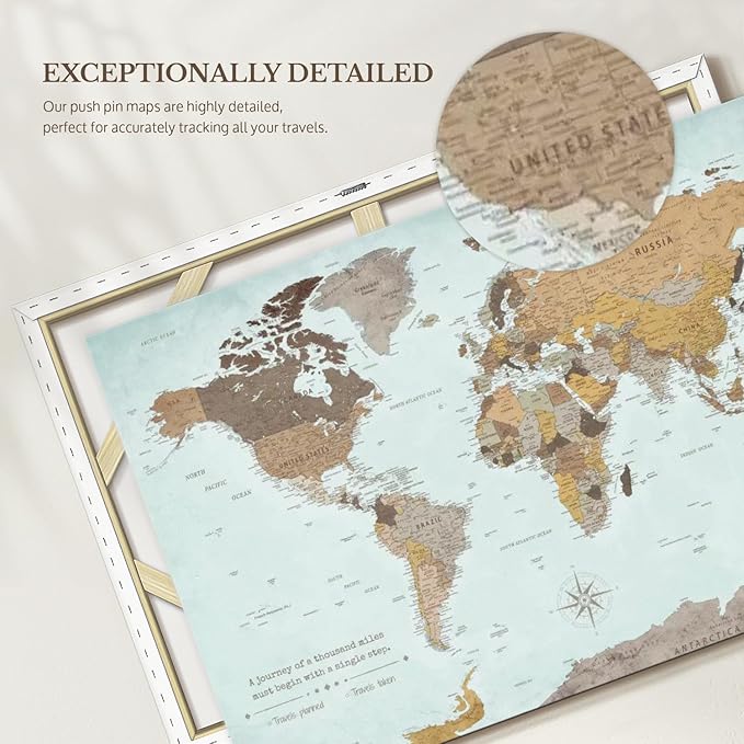 ElephantStock - A Thousand Miles World Push Pin Map Wall Art - Horizontal Canvas Wall Art - Living Room Wall Decor - Printmaking Map Canvas Art - Blue And Brown Decor - 36" x 24"