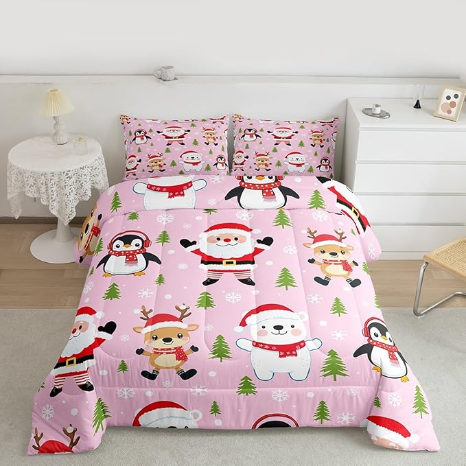 Feelyou Pink Christmas Bedding Set Soft for Boys Girls, Santa Claus Comforter Set Toddler Size Penguin Deer Duvet Quilt Microfiber Xmas Snowflake Tree Bedroom Decor 2 Pcs with 1 Pillow Cases