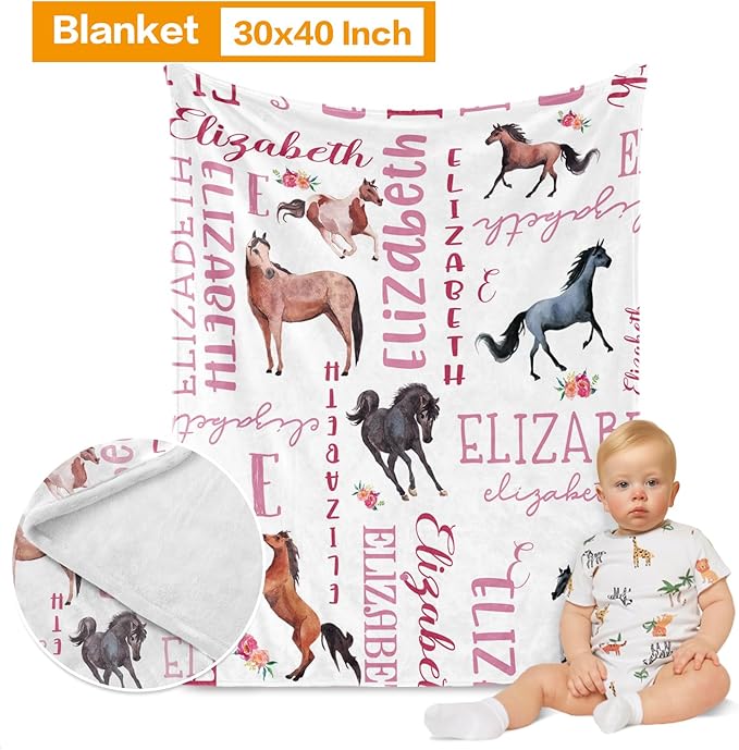 Custom Crib Bedding Set - Horse Design Personalized Name Baby Nursery Bedding 3 Pcs Set - Chic Soft Blanket, Sheet, Pillowcase for Newborns Boys Girls Gifts Color10
