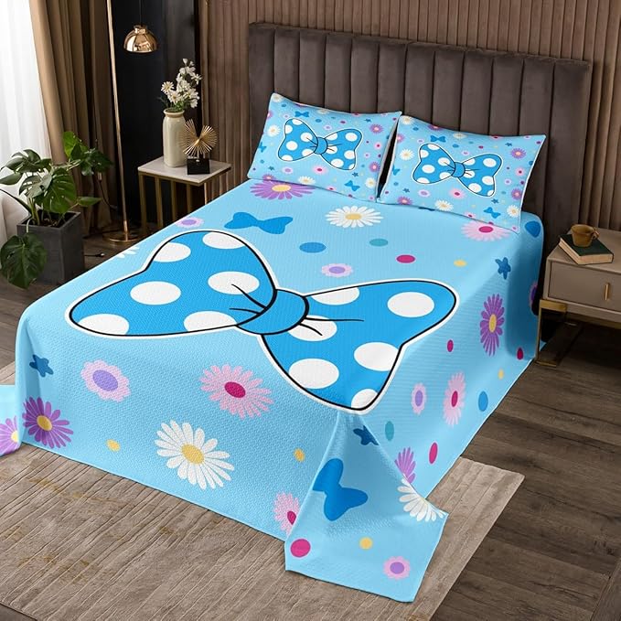 Manfei Blue Bowknot Kids Bedspread Twin Size,Daisy Flowers Geometric Dot Patchwork Coverlet Set,Girls Women Room Decor,Star Bow Tie Princess Quilted Coverlet,Cute Dreamy Bedding Quilt,1 Pillowcase