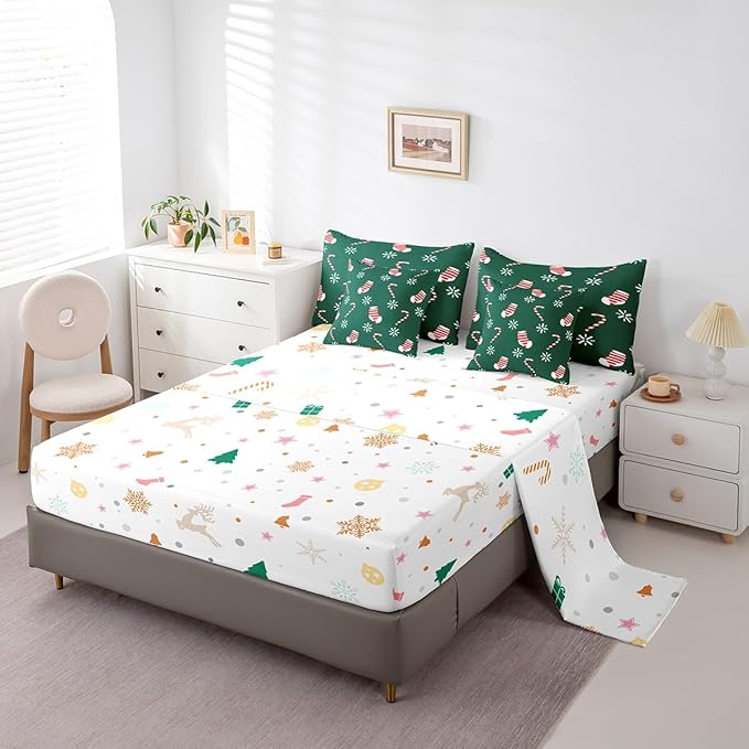 Merry Christmas Kids Bedding Set Xmas Theme Comforter Set with Sheets for Boys Girls Christmas Stockings Snowflake Decor Bed in a Bag Green Pink Xmas Theme Bed Set 7Pcs Queen Size