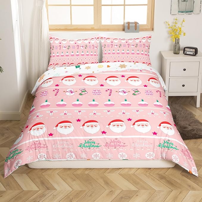 Feelyou Merry Christmas Decorative Pink Comforter Cover Toddler Size Xmas Cartoon Santa Claus Snowmen Duvet Cover Winter New Year Bedding Set Gifts for Kids Boys Girls 1 Pillow Case