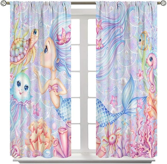 Mermaid Curtains for Girls Children Pink Sea Animal Mermaid Coral Bedroom Curtains for Living Room Room 42x44 Inch