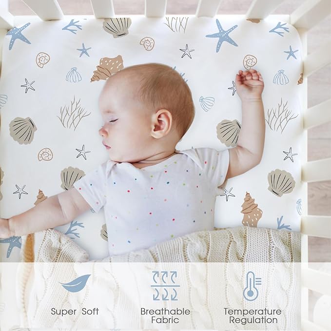 Little Grape Land Crib Sheets, 4-Pack Soft Microfiber Fitted Baby Sheets for Standard Crib and Toddler Mattress, 28x52x8inch, Secure & Breathable Bedding (Ocean World & Shell & Blue & Green)