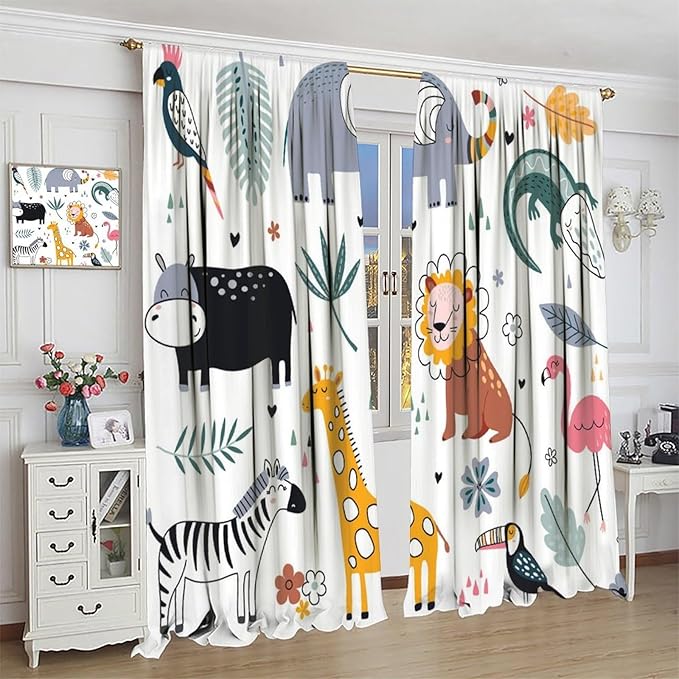 YCness Cartoon Forest Animals Curtains, Woodland Woodland Wild Giraffe Zebra Lion Hippopotamus Window Treatments for Kids Bedroom Living Room Home Nursery Drapes, 55x63 Inch