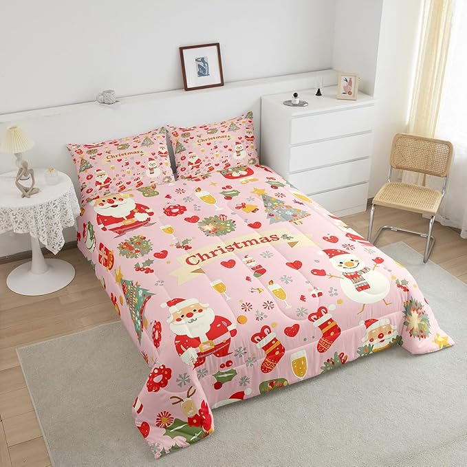 Feelyou Christmas Bedding Set for Kids Boys Girls Queen Size Cute Santa Claus Comforter Set Ultra Soft Comforter Xmas Tree Duvet Quilt Bedroom Decor Christmas Decor Quilt