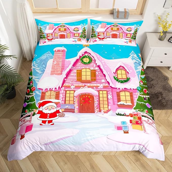 Feelyou Merry Christmas Pink Comforter Cover Set Cartton Cute Santa Claus Bedding Set Queen Size for Kids Boys Girls Bedroom Bed Decor Xmas Duvet Cover Set Soft Quilt Cover,No Comforter