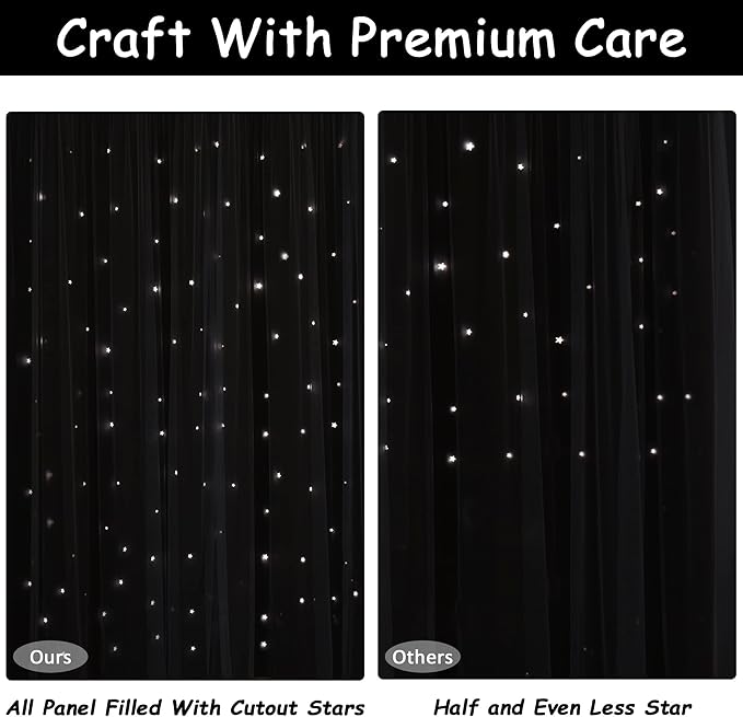 Kinryb Black Star Cutout Blackout Curtains Double Layer Curtains with Durable Sheer Curtains for Bedroom Thermal Insulated Window Treatment Set with 2 Free Tiebacks (52W x 72L 2 Panels Black)