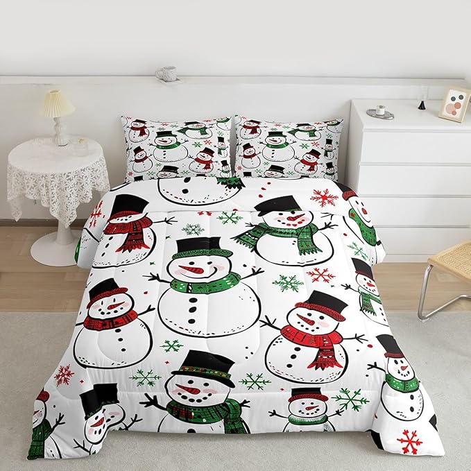 Feelyou Christmas Comforter Set All Season Snowman Bedding Set with 1 Pillow Cases Snowflake Microfiber Kids Twin Bedclothes Bedroom Decor Duvet Quilt Breathable Soft Lightweight
