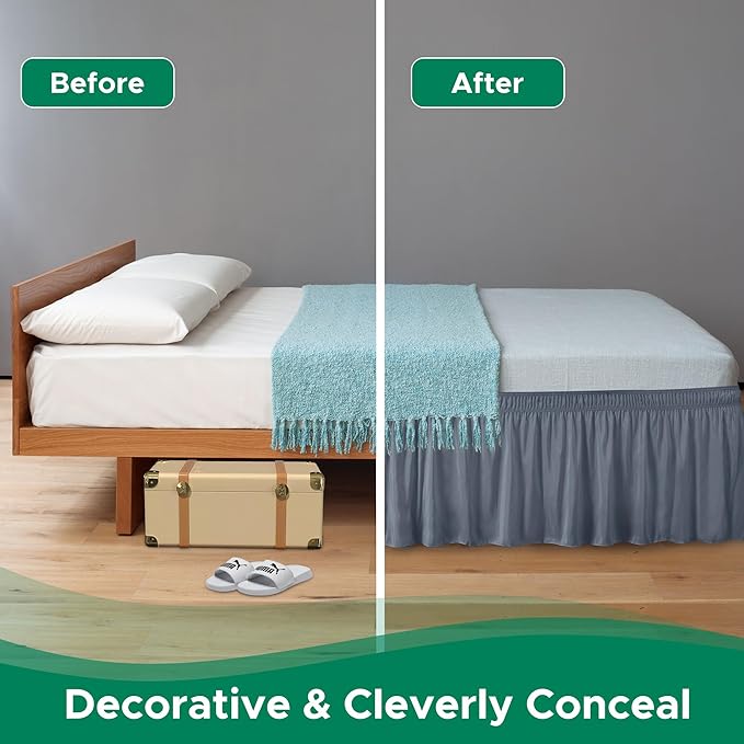 Biscaynebay Wrap Around Bed Skirts for King & Cal King Beds 17" Long Drop, Dark Grey Adjustable Elastic Dust Ruffles Easy Fit Wrinkle & Fade Resistant Silky Luxurious Fabric Solid Machine Washable