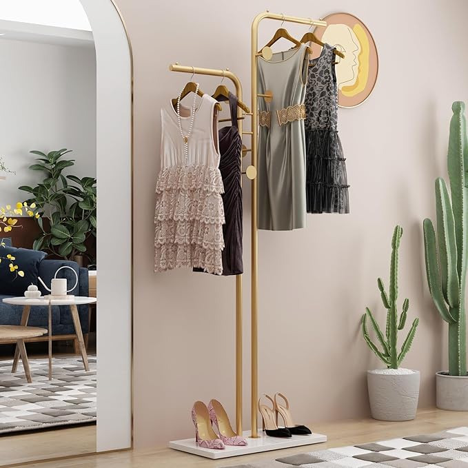 DR.IRON Double-pole Coat Racks Freestanding, Metal Gold Clothing Rack with 5 Hooks and Marble Base, Modern Coat Hanger Stand for Entryway, Living Room, Bedroom Gold