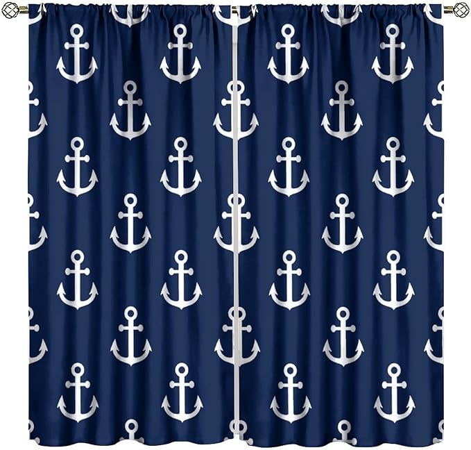 Nautical Costal Curtains,MarineThemed Oceanic Anchor Pattern Blackout Print Home Bedroom Living Room Window Treatments 2 Panel Set 55x63 Inch