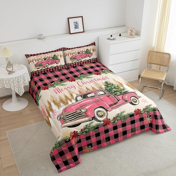 Erosebridal Christmas Comforter Sets Merry Xmas Tree Bedding Sets King Red Truck Painting Down Comforter,Lattice Decor Bed Set for Kids Boys Girls Teens Bedroom Decor,Reversible