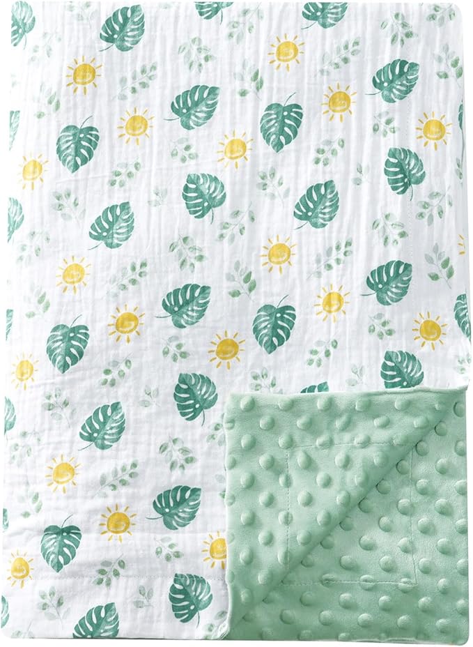 david's kids Muslin Minky Baby Blanket for Boys Girls with Muslin Cotton Front and Dotted Fleece Backing, Breathable and Soft Lightweight Receiving Blanket for Newborns, 30x40 Inches, Leaf