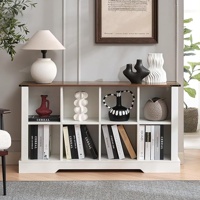 8 Cube Storage Organizer, 2 Tier Book Shelf with Led Lights, Farmhouse Book Shelves for Living Room, Horizontal Toy Storage Bookshelf, Wood Display Bookcase Cabinet for Bedroom, Office, White