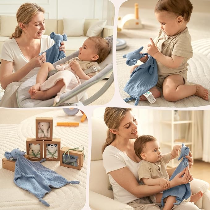 Momcozy Elephant Loveys for Babies with Cotton - Soft Security Blanket for Boy or Girl for Self-Soothing On-The-Go-Portable & Anti-Drop Design - Newborn Gift，Must Have（Blue 14 inch）