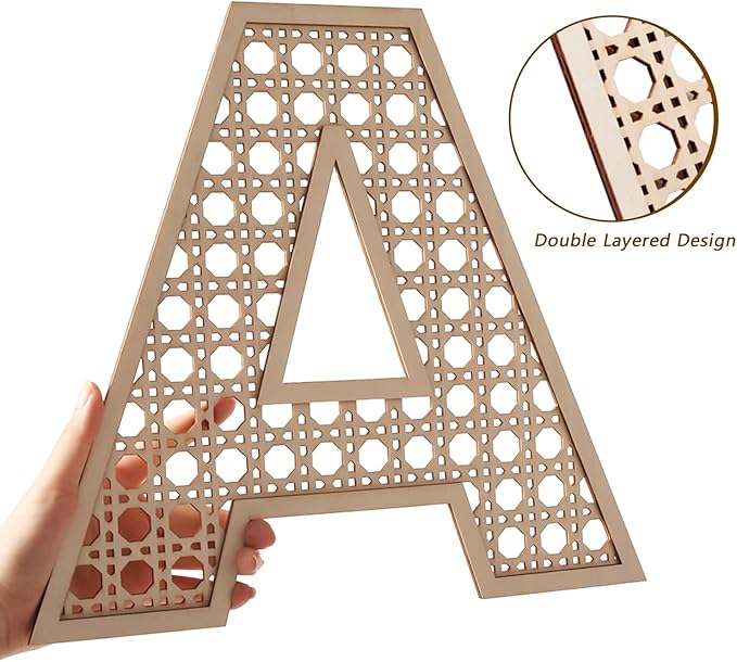Large Boho Wooden Rattan Letters 12 inch for Nursery Decor Wood Letter N Wall Decors for Baby Girl Boy Bedroom Home Rustic Name Sign Birthday Wedding Decorative Letters