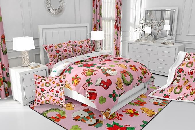 jejeloiu Merry Christmas Comforter Set Twin Size Cute Snowman Bedding Set for Kids Boys Girls Gingerbread Man Duvet Quilt Pink Bedroom Decor