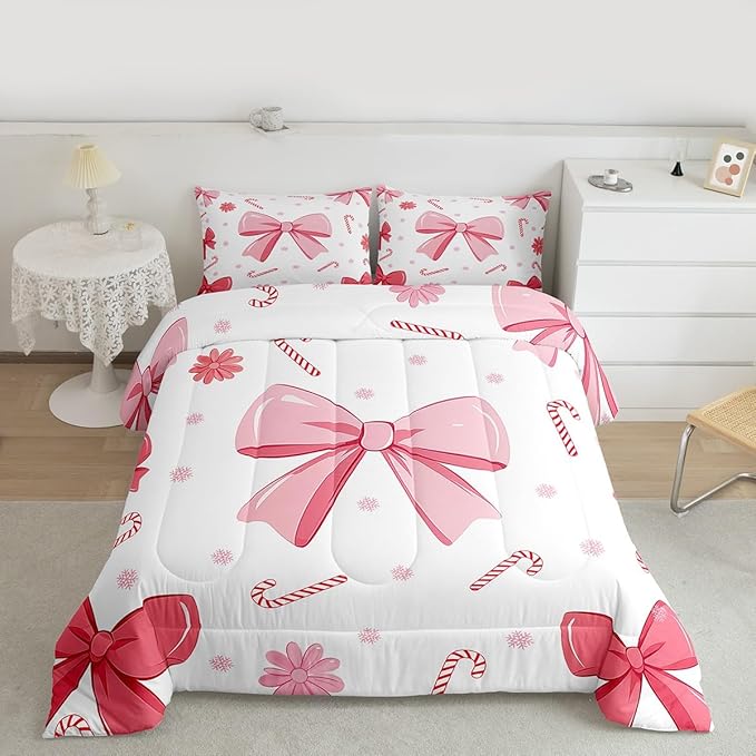 Feelyou Pink Bowknot Comforter Set All Season Christmas Candy Cane Snowflake Bedding Set with 1 Pillow Cases Cute Bow Microfiber Kids Toddler Bedclothes Dreamy Princess Style Bedroom Decor Duvet Quilt
