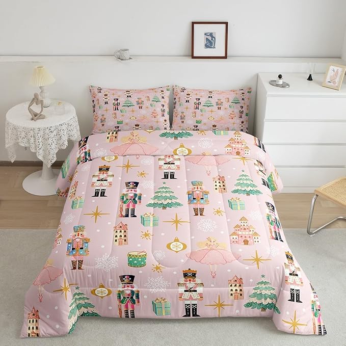 Erosebridal 7Pcs Pink Christmas Comforter Set Queen Size,Christmas Nutcracker Bedding Set,Dreamy Castle Princess Bed in A Bag,Xmas Galaxy Snow Quilt with Flat Fitted Sheet for Kids Boys Girls
