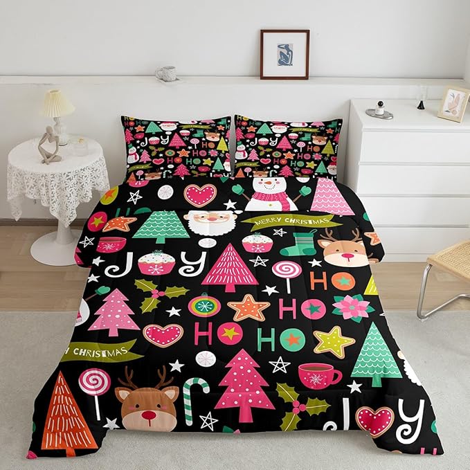 Merry Christmas Kids Comforter Set King Size,Cartoon Santa Claus Snowman Xmas Bedding Set,Boys Girls Adults Room Decor,Christmas Trees Deer Cute Down Comforter,Colorful Duvet Insert,2 Pillowcases