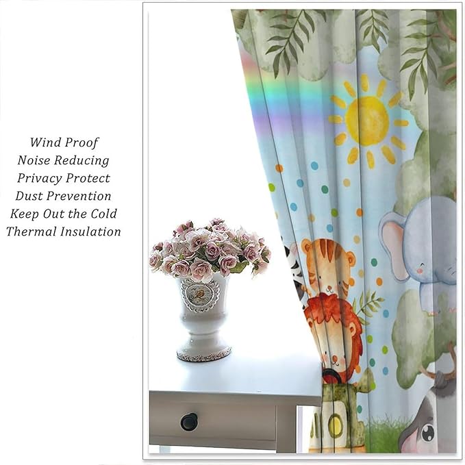 Woodland Kids Curtains Rustic Woodland Wild Animals Watercolor Forest Rainbow Sun Window Draeps for Baby Girls Boys Kids Nursery Bedroom Living Room 2 Panels, 55x63 Inch