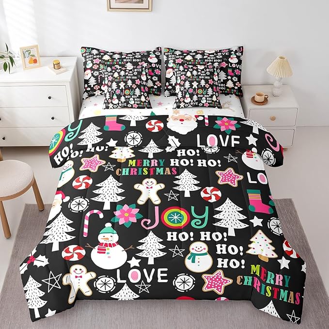 Christmas Kids Bedding Set Cartoon Snowman Gingerbread Man Comforter Set with Sheets for Boys Girls Christmas Tree Decor Bed in a Bag Pink Xmas Theme Black Bed Set 7Pcs Full Size