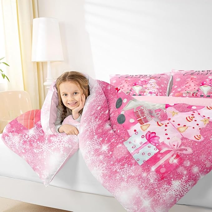 Castle Fairy Girly Christmas Comforter Set King Size,Pink Gnome Xmas Pine Trees Gift Bedding Set All Season Quilt Set,Snowflake Stars Glitter Sparkling Microfiber Polyester Down Comforter