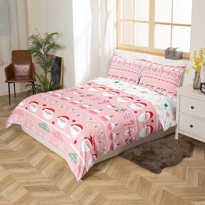 Feelyou Merry Christmas Decorative Pink Comforter Cover Twin Size Xmas Cartoon Santa Claus Snowmen Duvet Cover Winter New Year Bedding Set Gifts for Kids Boys Girls 1 Pillow Case